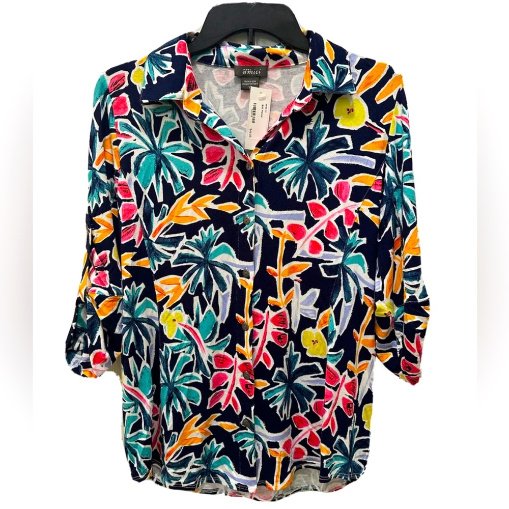 NEW Pure Amici Womens Size XS Abstract Tropical Palm Tree Stretch Button Shirt